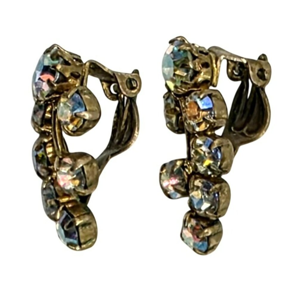 1950s Aurora Borealis Rhinestones Clip-On Earrings Drop Cluster Western Germany - Picture 6 of 10
